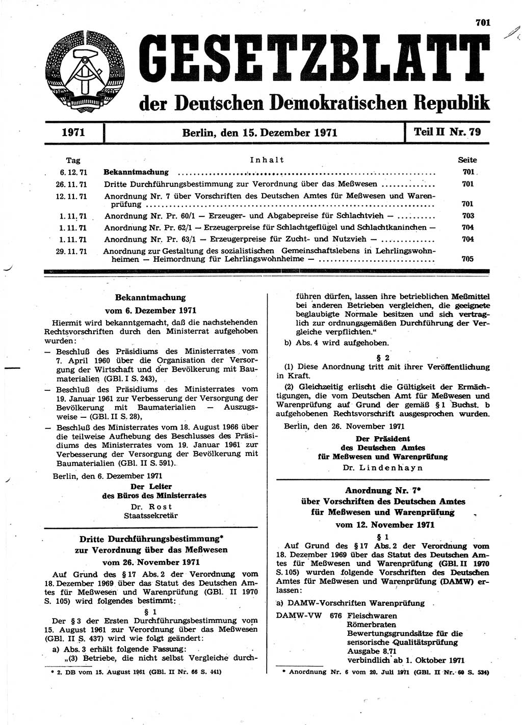 Gesetzblatt (GBl.) der Deutschen Demokratischen Republik (DDR) Teil ⅠⅠ 1971, Seite 701 (GBl. DDR ⅠⅠ 1971, S. 701)