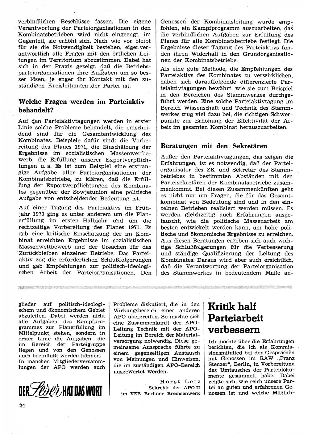 Neuer Weg (NW), Organ des Zentralkomitees (ZK) der SED (Sozialistische Einheitspartei Deutschlands) für Fragen des Parteilebens, 26. Jahrgang [Deutsche Demokratische Republik (DDR)] 1971, Seite 24 (NW ZK SED DDR 1971, S. 24)