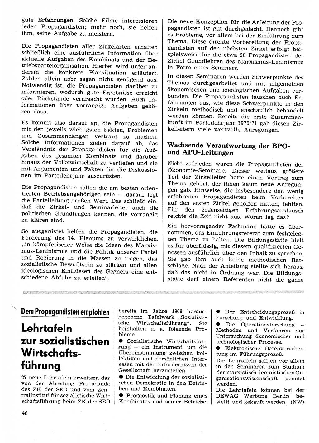 Neuer Weg (NW), Organ des Zentralkomitees (ZK) der SED (Sozialistische Einheitspartei Deutschlands) für Fragen des Parteilebens, 26. Jahrgang [Deutsche Demokratische Republik (DDR)] 1971, Seite 46 (NW ZK SED DDR 1971, S. 46)