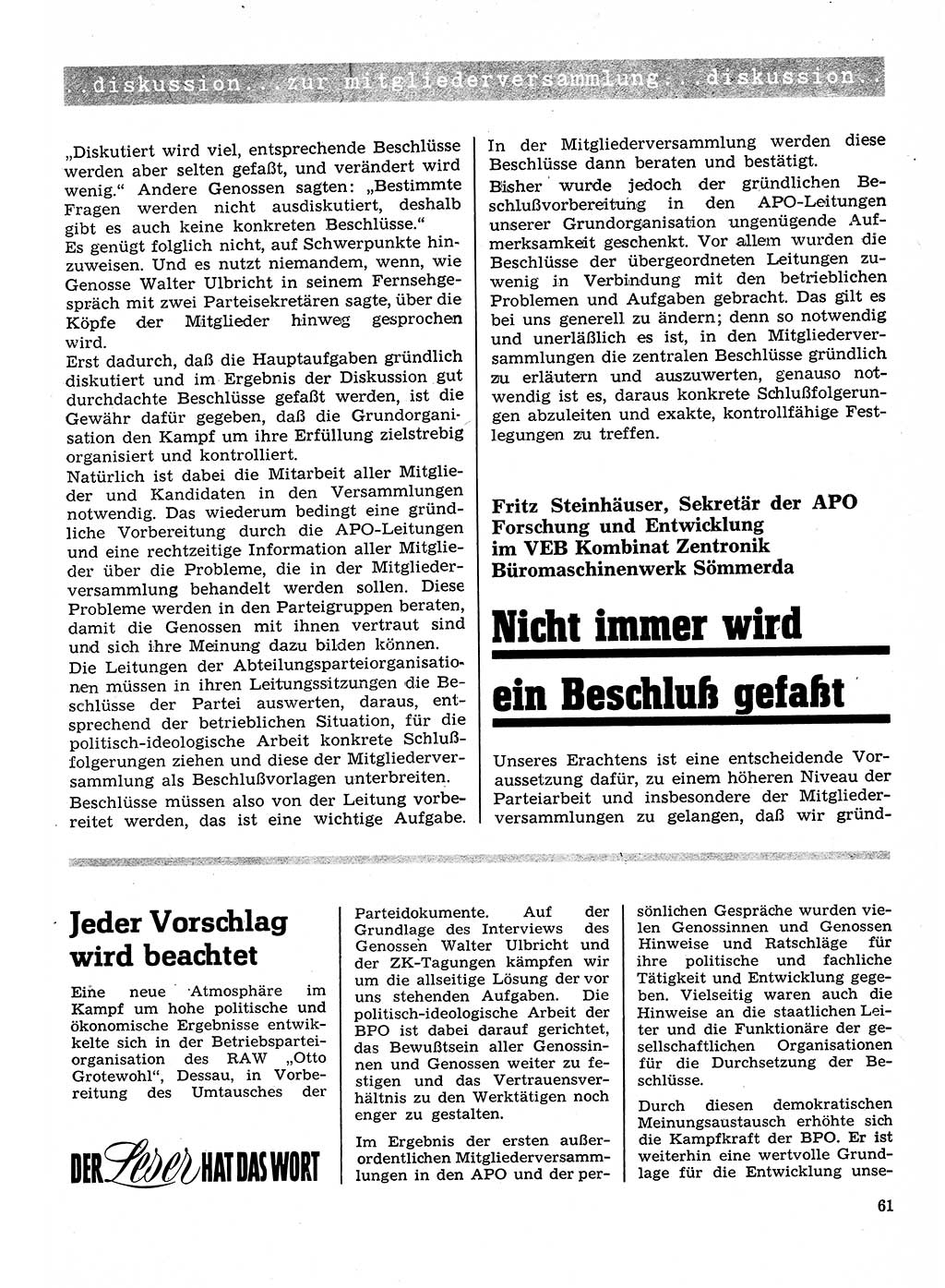 Neuer Weg (NW), Organ des Zentralkomitees (ZK) der SED (Sozialistische Einheitspartei Deutschlands) für Fragen des Parteilebens, 26. Jahrgang [Deutsche Demokratische Republik (DDR)] 1971, Seite 61 (NW ZK SED DDR 1971, S. 61)