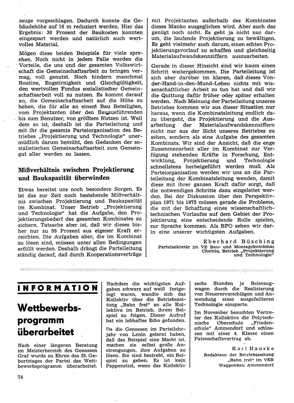 Neuer Weg (NW), Organ des Zentralkomitees (ZK) der SED (Sozialistische Einheitspartei Deutschlands) für Fragen des Parteilebens, 26. Jahrgang [Deutsche Demokratische Republik (DDR)] 1971, Seite 74 (NW ZK SED DDR 1971, S. 74)
