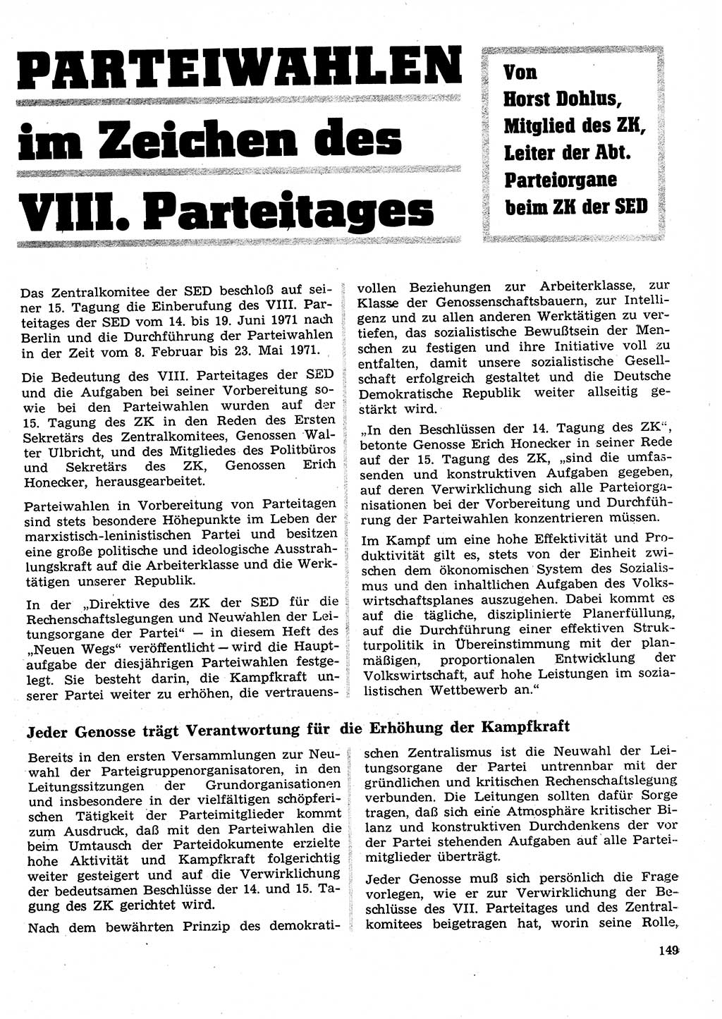 Neuer Weg (NW), Organ des Zentralkomitees (ZK) der SED (Sozialistische Einheitspartei Deutschlands) für Fragen des Parteilebens, 26. Jahrgang [Deutsche Demokratische Republik (DDR)] 1971, Seite 149 (NW ZK SED DDR 1971, S. 149)