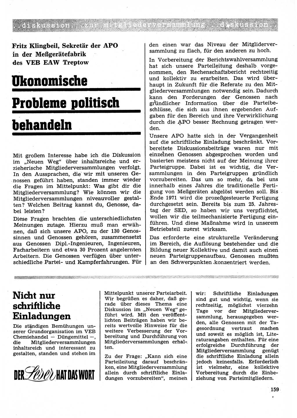 Neuer Weg (NW), Organ des Zentralkomitees (ZK) der SED (Sozialistische Einheitspartei Deutschlands) für Fragen des Parteilebens, 26. Jahrgang [Deutsche Demokratische Republik (DDR)] 1971, Seite 159 (NW ZK SED DDR 1971, S. 159)