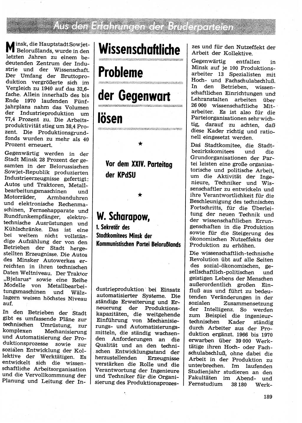 Neuer Weg (NW), Organ des Zentralkomitees (ZK) der SED (Sozialistische Einheitspartei Deutschlands) für Fragen des Parteilebens, 26. Jahrgang [Deutsche Demokratische Republik (DDR)] 1971, Seite 189 (NW ZK SED DDR 1971, S. 189)