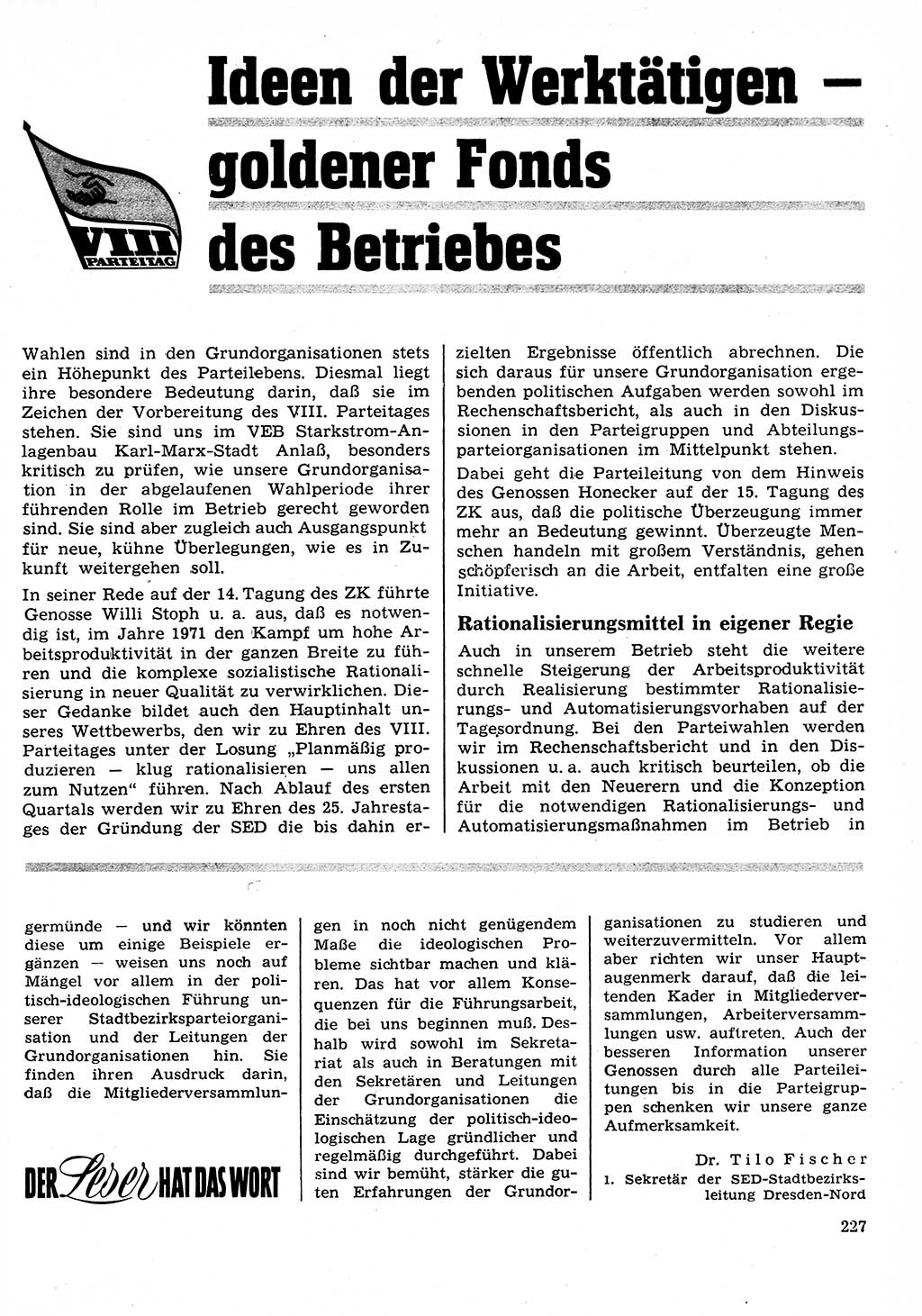 Neuer Weg (NW), Organ des Zentralkomitees (ZK) der SED (Sozialistische Einheitspartei Deutschlands) fÃ¼r Fragen des Parteilebens, 26. Jahrgang [Deutsche Demokratische Republik (DDR)] 1971, Seite 227 (NW ZK SED DDR 1971, S. 227)