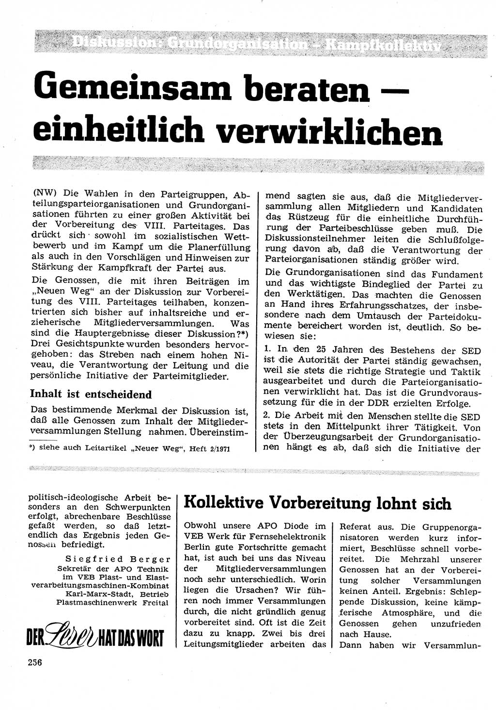 Neuer Weg (NW), Organ des Zentralkomitees (ZK) der SED (Sozialistische Einheitspartei Deutschlands) für Fragen des Parteilebens, 26. Jahrgang [Deutsche Demokratische Republik (DDR)] 1971, Seite 256 (NW ZK SED DDR 1971, S. 256)