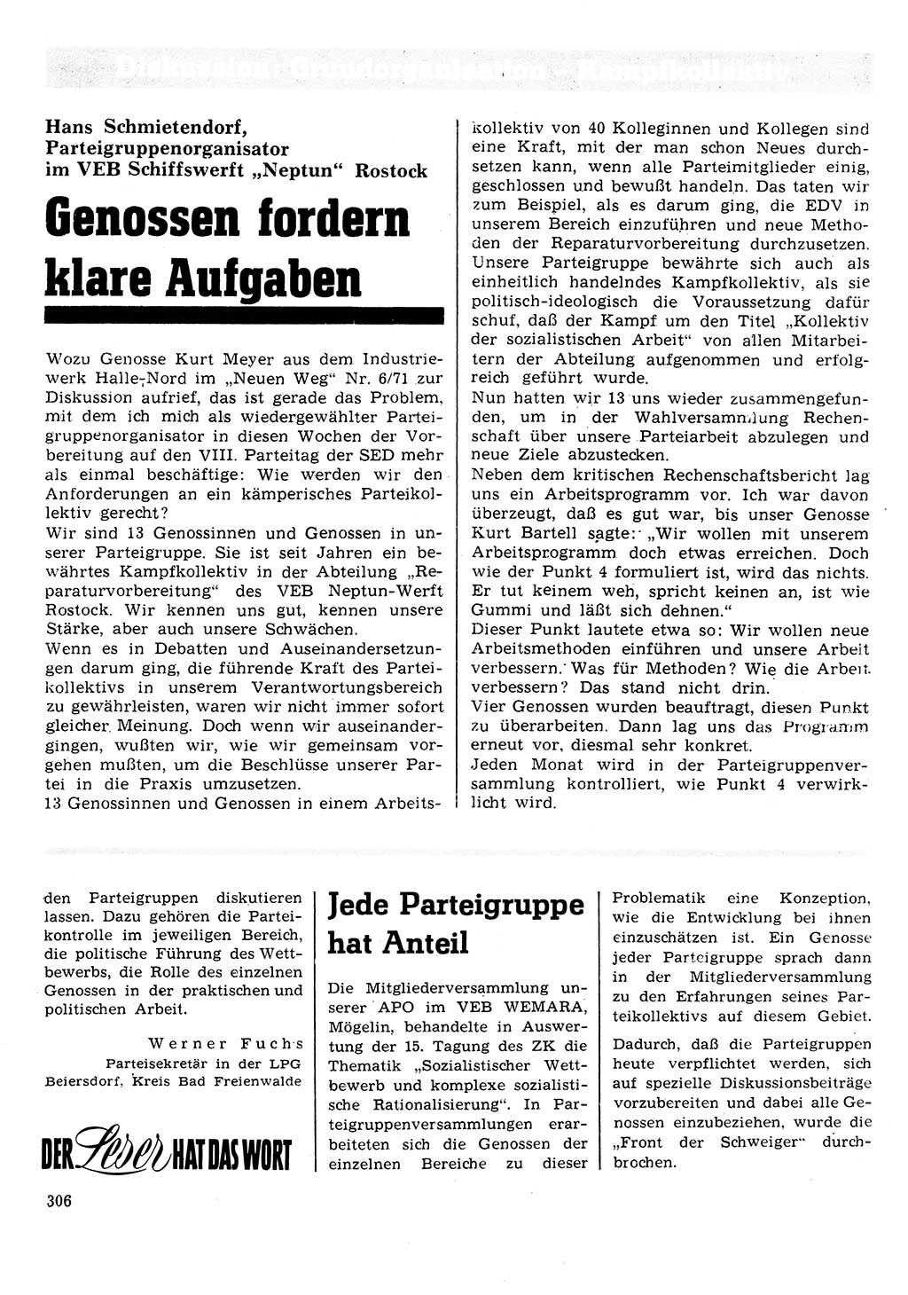 Neuer Weg (NW), Organ des Zentralkomitees (ZK) der SED (Sozialistische Einheitspartei Deutschlands) für Fragen des Parteilebens, 26. Jahrgang [Deutsche Demokratische Republik (DDR)] 1971, Seite 306 (NW ZK SED DDR 1971, S. 306)