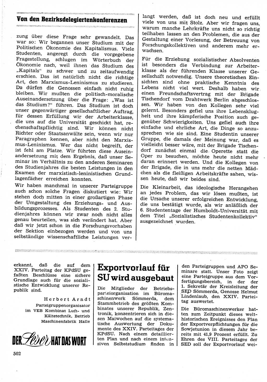 Neuer Weg (NW), Organ des Zentralkomitees (ZK) der SED (Sozialistische Einheitspartei Deutschlands) für Fragen des Parteilebens, 26. Jahrgang [Deutsche Demokratische Republik (DDR)] 1971, Seite 502 (NW ZK SED DDR 1971, S. 502)