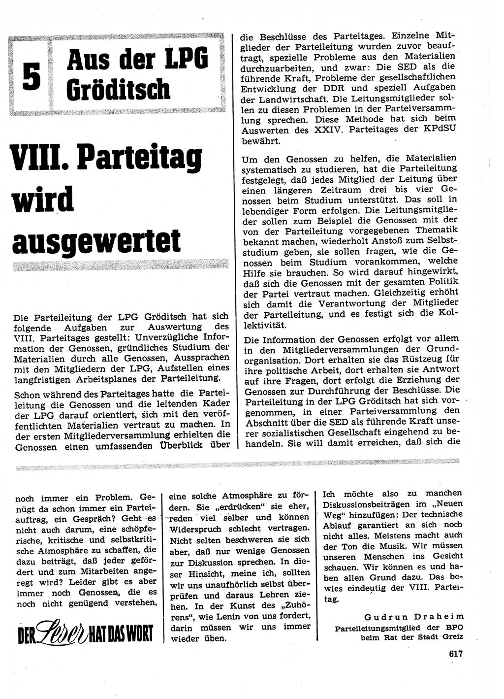 Neuer Weg (NW), Organ des Zentralkomitees (ZK) der SED (Sozialistische Einheitspartei Deutschlands) für Fragen des Parteilebens, 26. Jahrgang [Deutsche Demokratische Republik (DDR)] 1971, Seite 617 (NW ZK SED DDR 1971, S. 617)