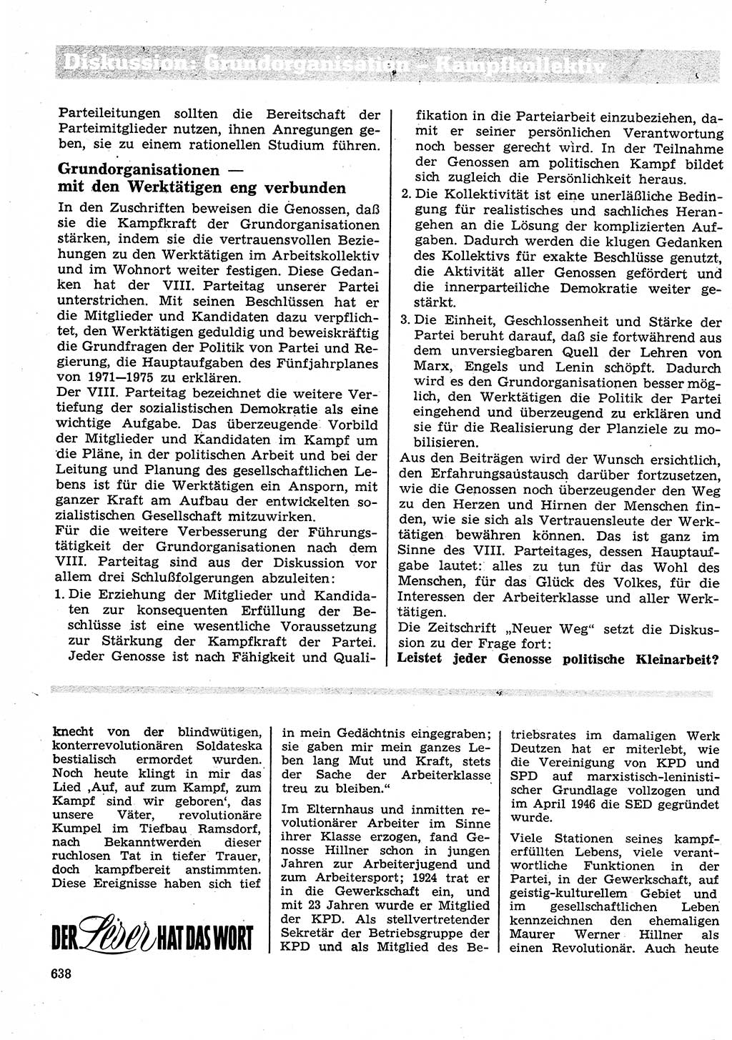 Neuer Weg (NW), Organ des Zentralkomitees (ZK) der SED (Sozialistische Einheitspartei Deutschlands) für Fragen des Parteilebens, 26. Jahrgang [Deutsche Demokratische Republik (DDR)] 1971, Seite 638 (NW ZK SED DDR 1971, S. 638)