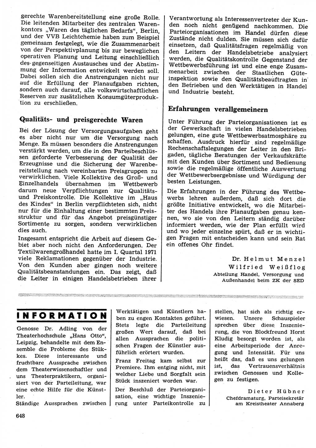 Neuer Weg (NW), Organ des Zentralkomitees (ZK) der SED (Sozialistische Einheitspartei Deutschlands) für Fragen des Parteilebens, 26. Jahrgang [Deutsche Demokratische Republik (DDR)] 1971, Seite 648 (NW ZK SED DDR 1971, S. 648)