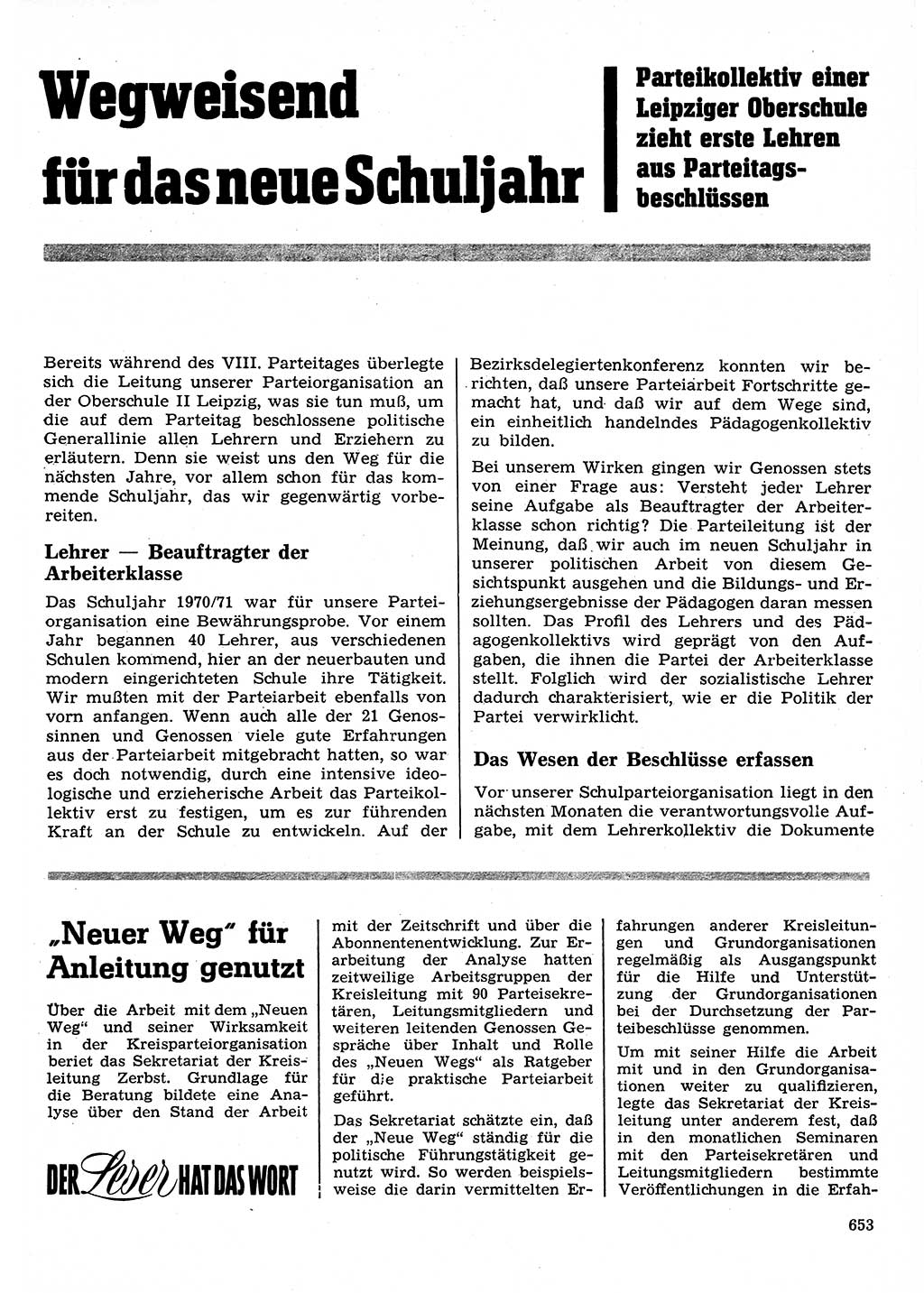 Neuer Weg (NW), Organ des Zentralkomitees (ZK) der SED (Sozialistische Einheitspartei Deutschlands) für Fragen des Parteilebens, 26. Jahrgang [Deutsche Demokratische Republik (DDR)] 1971, Seite 653 (NW ZK SED DDR 1971, S. 653)