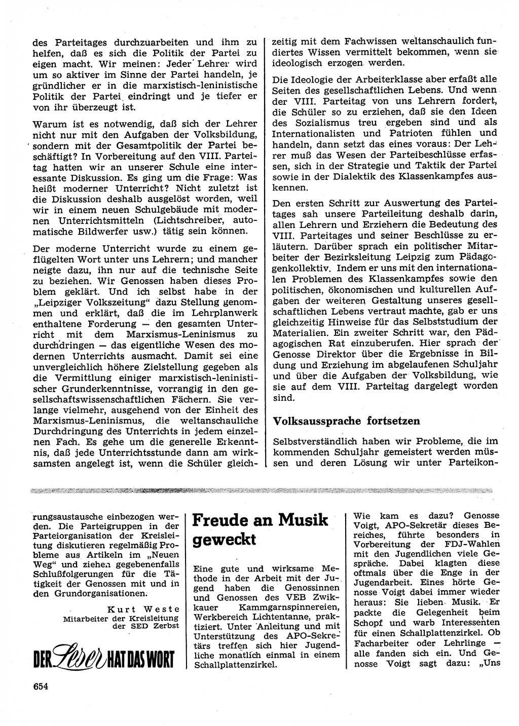 Neuer Weg (NW), Organ des Zentralkomitees (ZK) der SED (Sozialistische Einheitspartei Deutschlands) für Fragen des Parteilebens, 26. Jahrgang [Deutsche Demokratische Republik (DDR)] 1971, Seite 654 (NW ZK SED DDR 1971, S. 654)