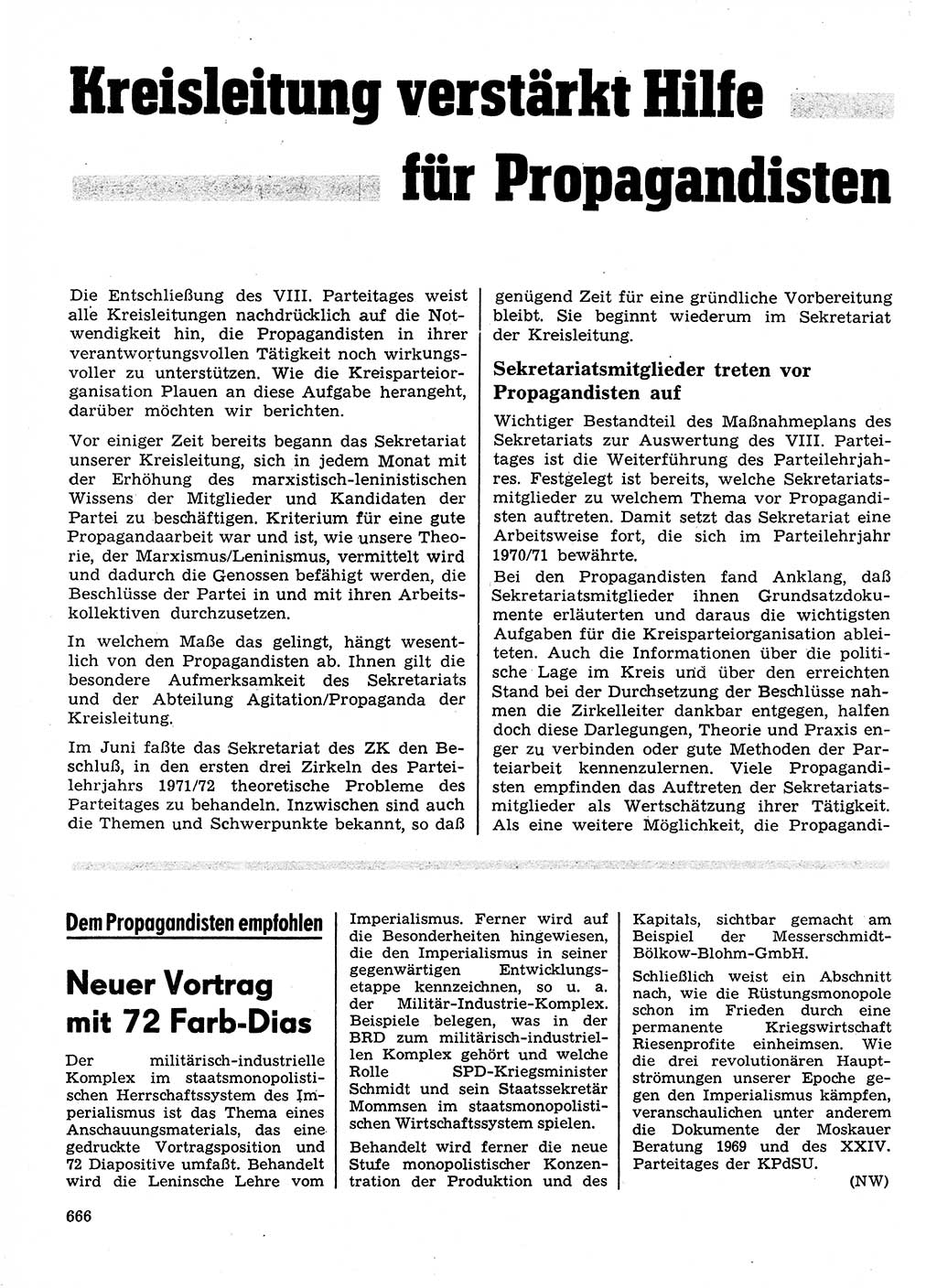 Neuer Weg (NW), Organ des Zentralkomitees (ZK) der SED (Sozialistische Einheitspartei Deutschlands) für Fragen des Parteilebens, 26. Jahrgang [Deutsche Demokratische Republik (DDR)] 1971, Seite 666 (NW ZK SED DDR 1971, S. 666)