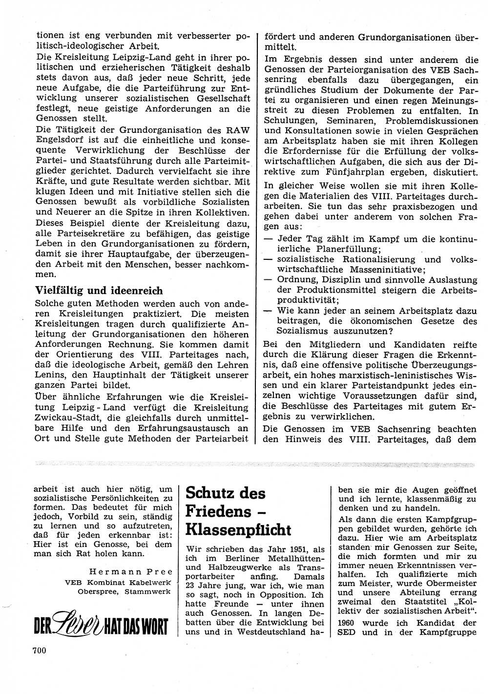Neuer Weg (NW), Organ des Zentralkomitees (ZK) der SED (Sozialistische Einheitspartei Deutschlands) für Fragen des Parteilebens, 26. Jahrgang [Deutsche Demokratische Republik (DDR)] 1971, Seite 700 (NW ZK SED DDR 1971, S. 700)