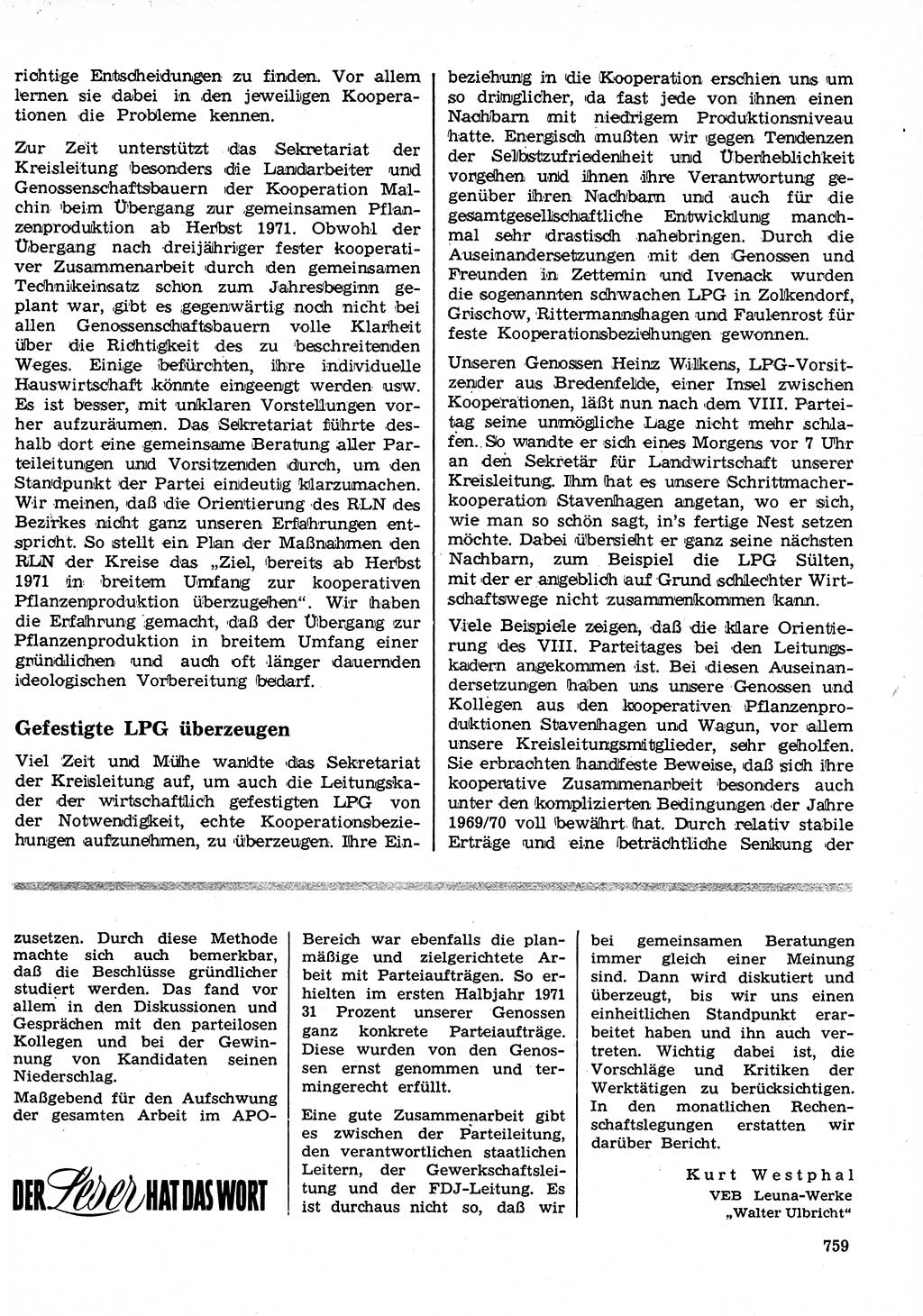 Neuer Weg (NW), Organ des Zentralkomitees (ZK) der SED (Sozialistische Einheitspartei Deutschlands) für Fragen des Parteilebens, 26. Jahrgang [Deutsche Demokratische Republik (DDR)] 1971, Seite 759 (NW ZK SED DDR 1971, S. 759)