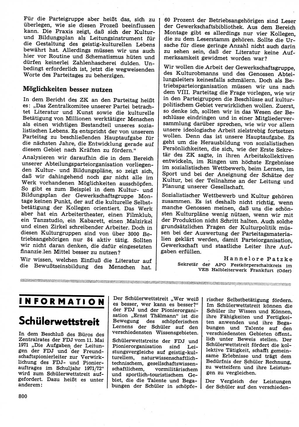 Neuer Weg (NW), Organ des Zentralkomitees (ZK) der SED (Sozialistische Einheitspartei Deutschlands) für Fragen des Parteilebens, 26. Jahrgang [Deutsche Demokratische Republik (DDR)] 1971, Seite 800 (NW ZK SED DDR 1971, S. 800)