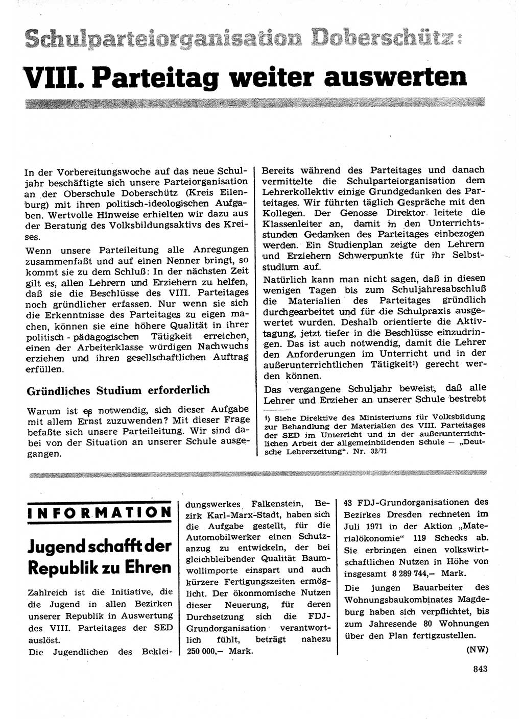 Neuer Weg (NW), Organ des Zentralkomitees (ZK) der SED (Sozialistische Einheitspartei Deutschlands) für Fragen des Parteilebens, 26. Jahrgang [Deutsche Demokratische Republik (DDR)] 1971, Seite 843 (NW ZK SED DDR 1971, S. 843)