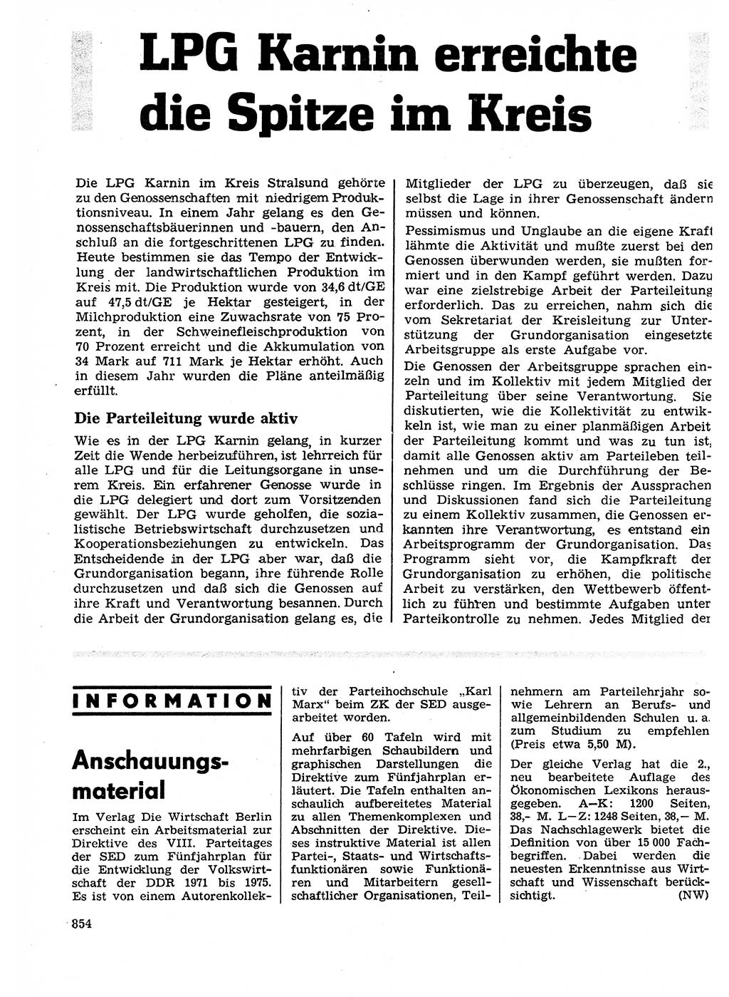 Neuer Weg (NW), Organ des Zentralkomitees (ZK) der SED (Sozialistische Einheitspartei Deutschlands) für Fragen des Parteilebens, 26. Jahrgang [Deutsche Demokratische Republik (DDR)] 1971, Seite 854 (NW ZK SED DDR 1971, S. 854)
