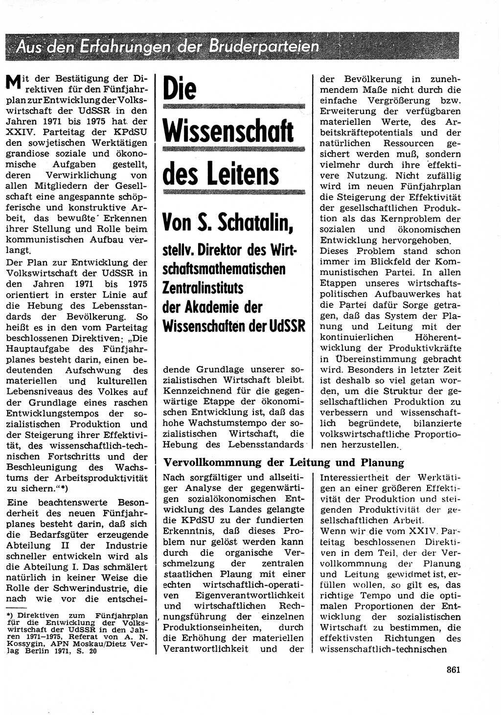 Neuer Weg (NW), Organ des Zentralkomitees (ZK) der SED (Sozialistische Einheitspartei Deutschlands) für Fragen des Parteilebens, 26. Jahrgang [Deutsche Demokratische Republik (DDR)] 1971, Seite 861 (NW ZK SED DDR 1971, S. 861)