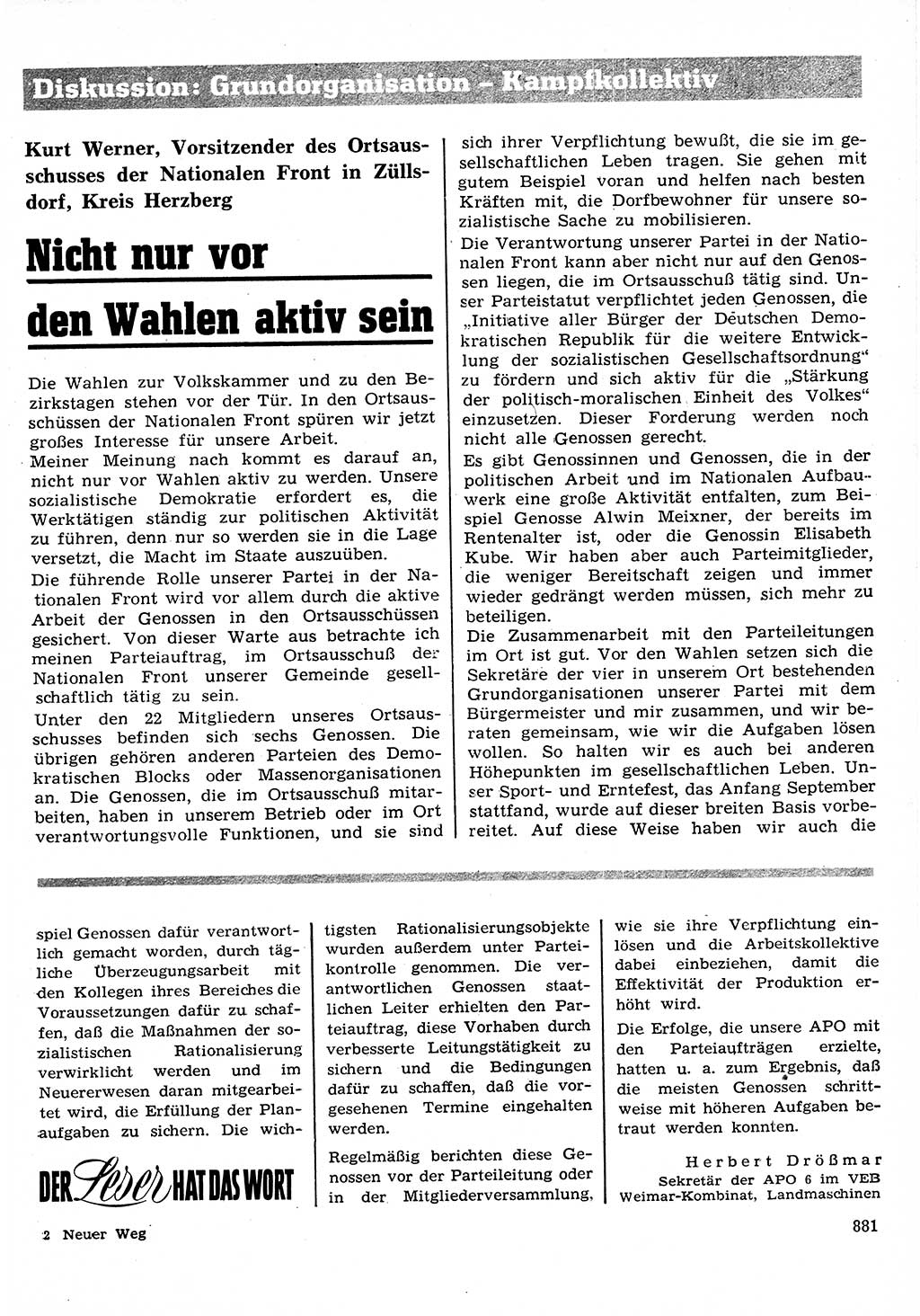 Neuer Weg (NW), Organ des Zentralkomitees (ZK) der SED (Sozialistische Einheitspartei Deutschlands) für Fragen des Parteilebens, 26. Jahrgang [Deutsche Demokratische Republik (DDR)] 1971, Seite 881 (NW ZK SED DDR 1971, S. 881)
