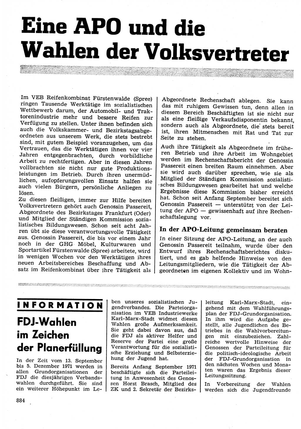 Neuer Weg (NW), Organ des Zentralkomitees (ZK) der SED (Sozialistische Einheitspartei Deutschlands) für Fragen des Parteilebens, 26. Jahrgang [Deutsche Demokratische Republik (DDR)] 1971, Seite 884 (NW ZK SED DDR 1971, S. 884)