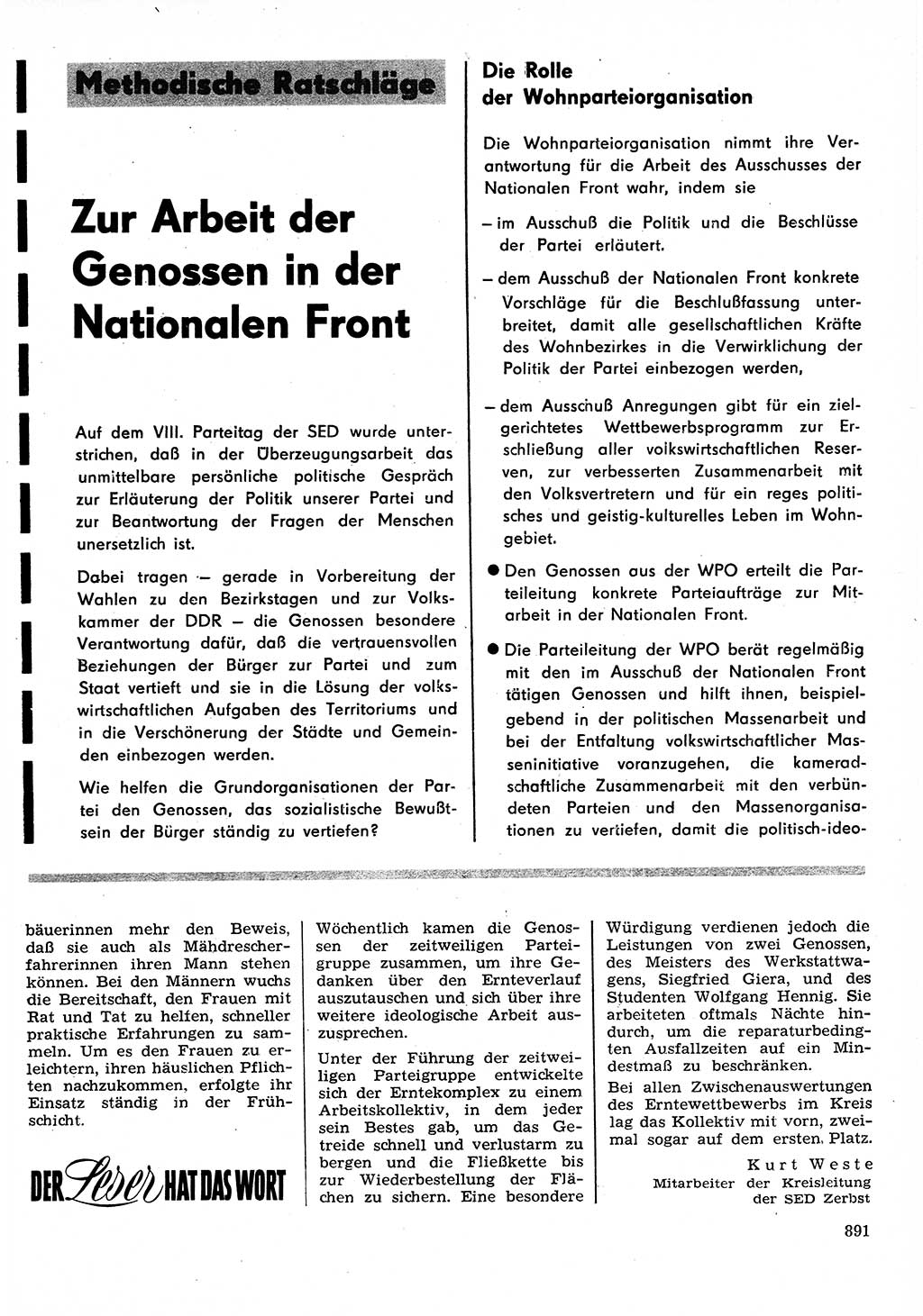 Neuer Weg (NW), Organ des Zentralkomitees (ZK) der SED (Sozialistische Einheitspartei Deutschlands) für Fragen des Parteilebens, 26. Jahrgang [Deutsche Demokratische Republik (DDR)] 1971, Seite 891 (NW ZK SED DDR 1971, S. 891)