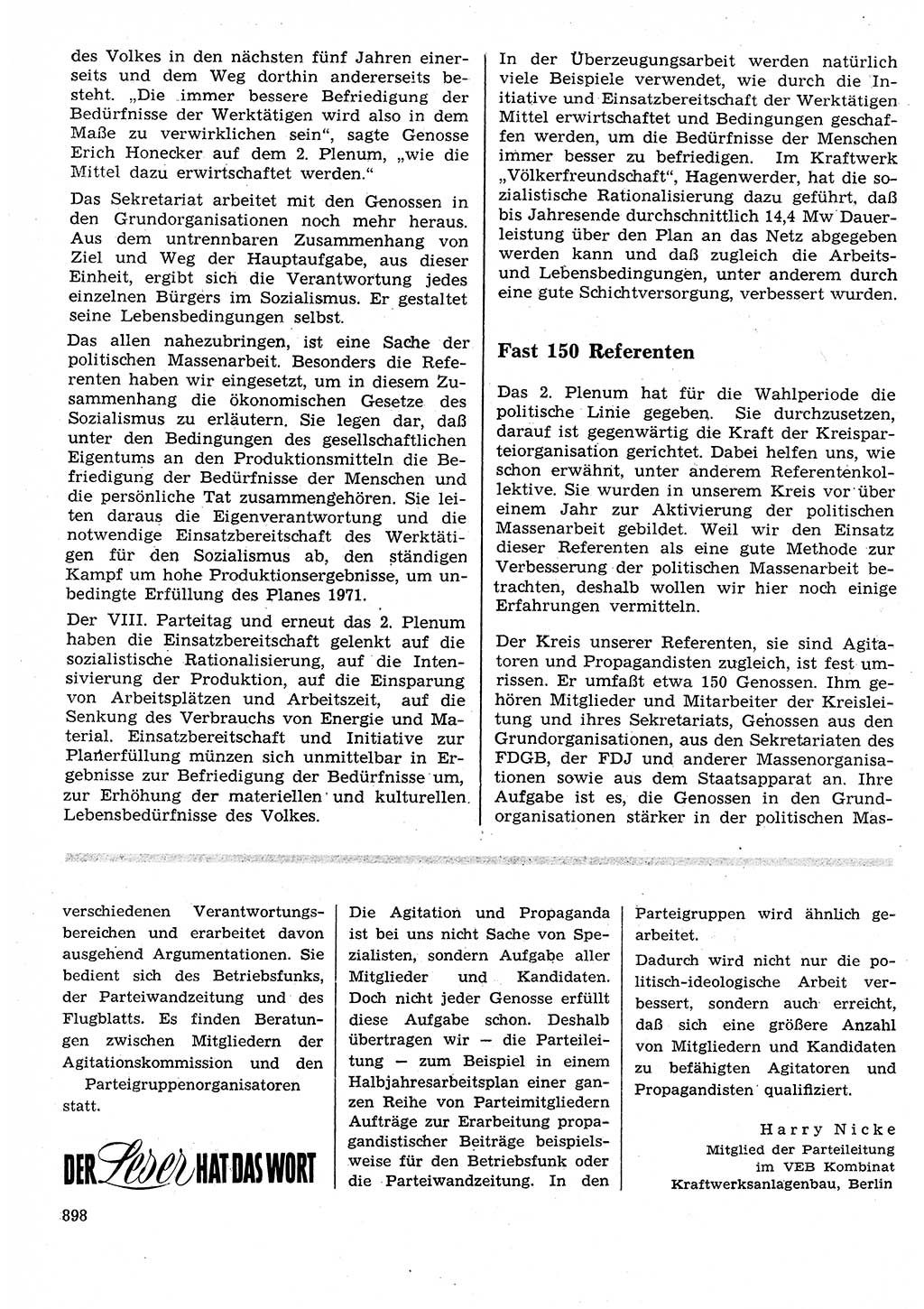 Neuer Weg (NW), Organ des Zentralkomitees (ZK) der SED (Sozialistische Einheitspartei Deutschlands) für Fragen des Parteilebens, 26. Jahrgang [Deutsche Demokratische Republik (DDR)] 1971, Seite 898 (NW ZK SED DDR 1971, S. 898)