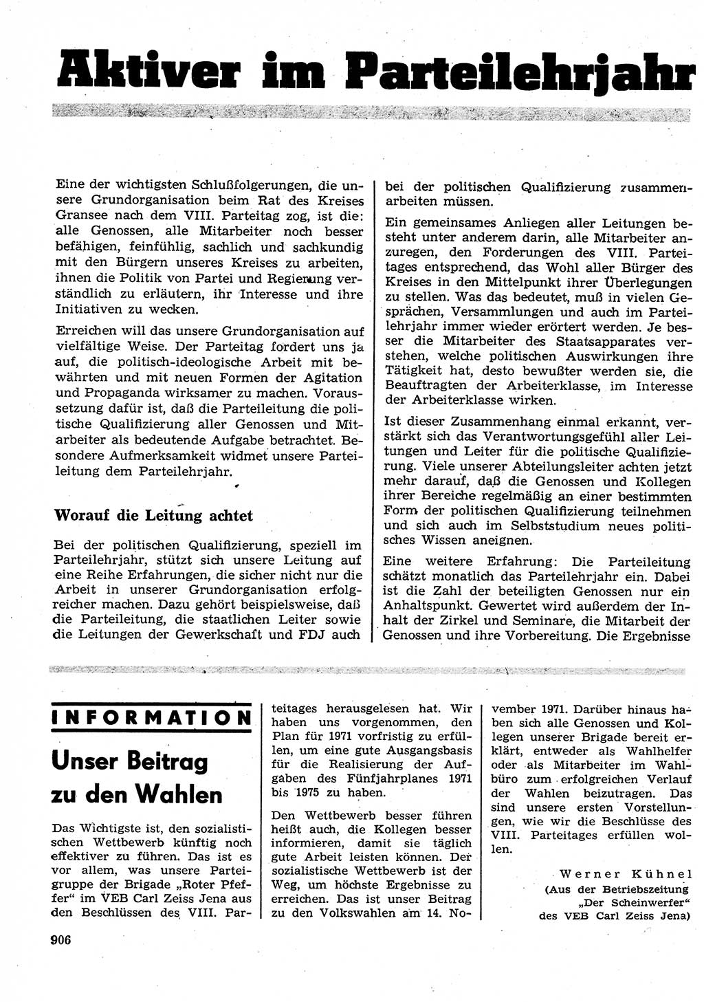 Neuer Weg (NW), Organ des Zentralkomitees (ZK) der SED (Sozialistische Einheitspartei Deutschlands) für Fragen des Parteilebens, 26. Jahrgang [Deutsche Demokratische Republik (DDR)] 1971, Seite 906 (NW ZK SED DDR 1971, S. 906)
