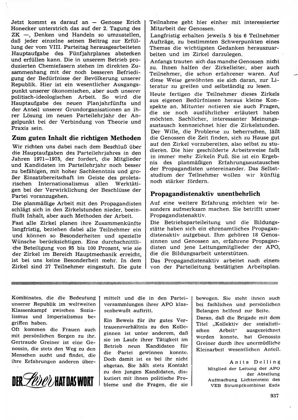 Neuer Weg (NW), Organ des Zentralkomitees (ZK) der SED (Sozialistische Einheitspartei Deutschlands) für Fragen des Parteilebens, 26. Jahrgang [Deutsche Demokratische Republik (DDR)] 1971, Seite 937 (NW ZK SED DDR 1971, S. 937)
