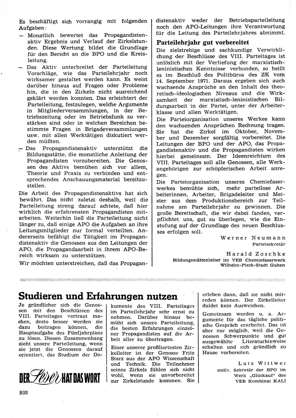 Neuer Weg (NW), Organ des Zentralkomitees (ZK) der SED (Sozialistische Einheitspartei Deutschlands) für Fragen des Parteilebens, 26. Jahrgang [Deutsche Demokratische Republik (DDR)] 1971, Seite 938 (NW ZK SED DDR 1971, S. 938)