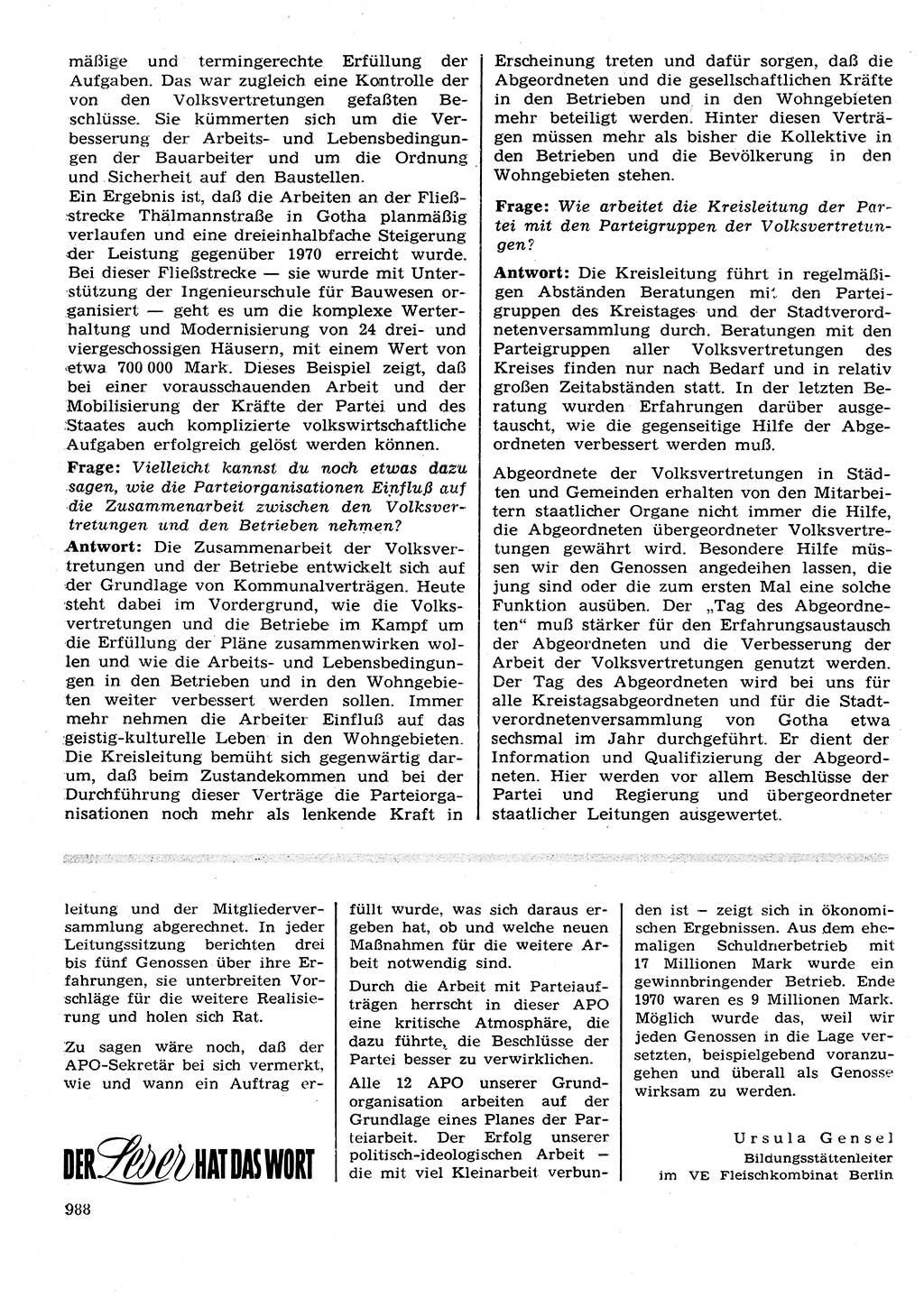 Neuer Weg (NW), Organ des Zentralkomitees (ZK) der SED (Sozialistische Einheitspartei Deutschlands) für Fragen des Parteilebens, 26. Jahrgang [Deutsche Demokratische Republik (DDR)] 1971, Seite 988 (NW ZK SED DDR 1971, S. 988)