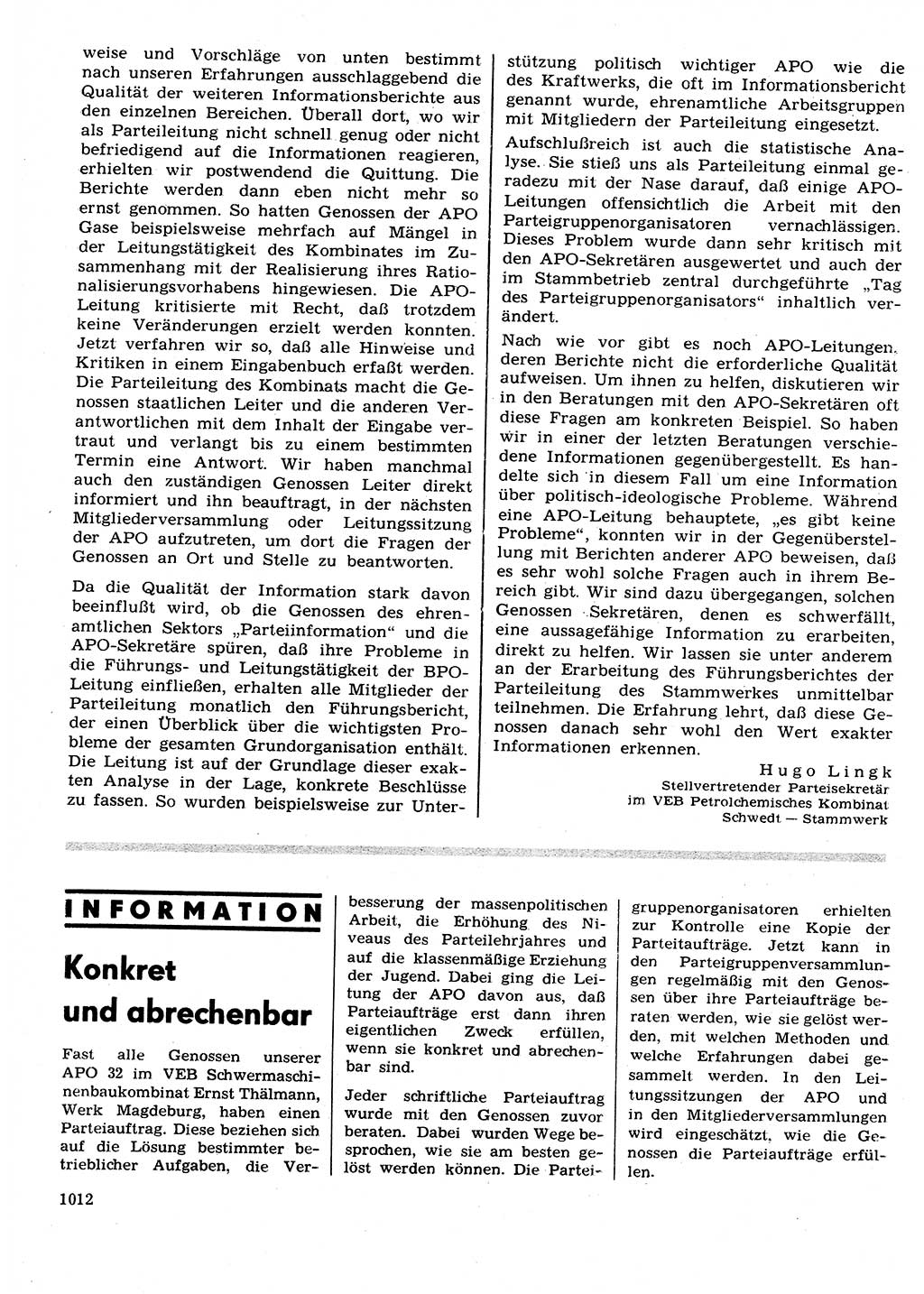 Neuer Weg (NW), Organ des Zentralkomitees (ZK) der SED (Sozialistische Einheitspartei Deutschlands) für Fragen des Parteilebens, 26. Jahrgang [Deutsche Demokratische Republik (DDR)] 1971, Seite 1012 (NW ZK SED DDR 1971, S. 1012)