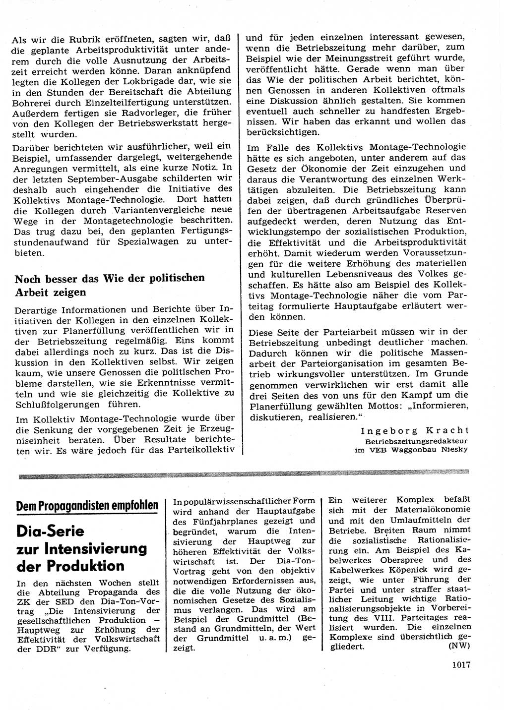 Neuer Weg (NW), Organ des Zentralkomitees (ZK) der SED (Sozialistische Einheitspartei Deutschlands) für Fragen des Parteilebens, 26. Jahrgang [Deutsche Demokratische Republik (DDR)] 1971, Seite 1017 (NW ZK SED DDR 1971, S. 1017)