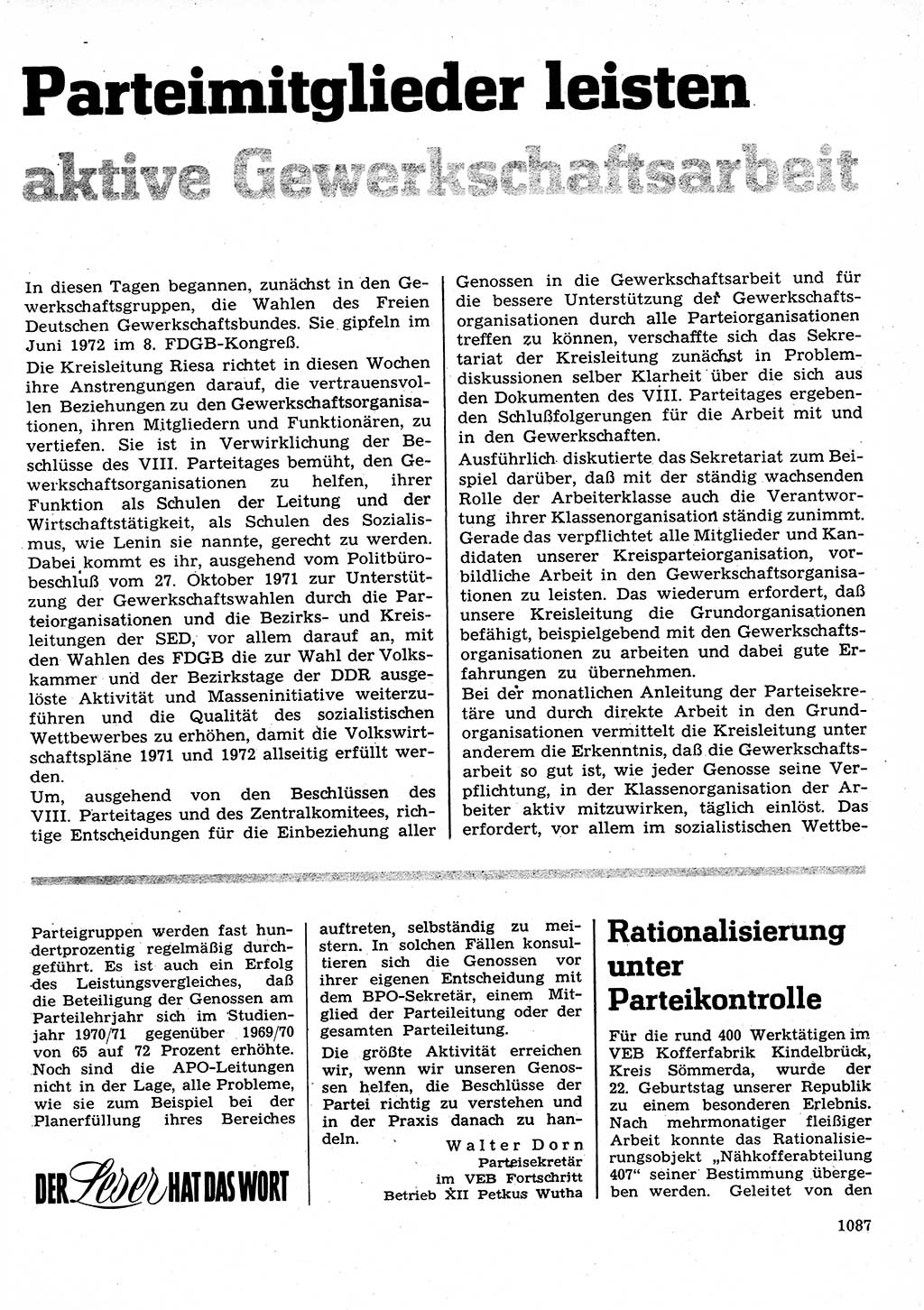 Neuer Weg (NW), Organ des Zentralkomitees (ZK) der SED (Sozialistische Einheitspartei Deutschlands) für Fragen des Parteilebens, 26. Jahrgang [Deutsche Demokratische Republik (DDR)] 1971, Seite 1087 (NW ZK SED DDR 1971, S. 1087)