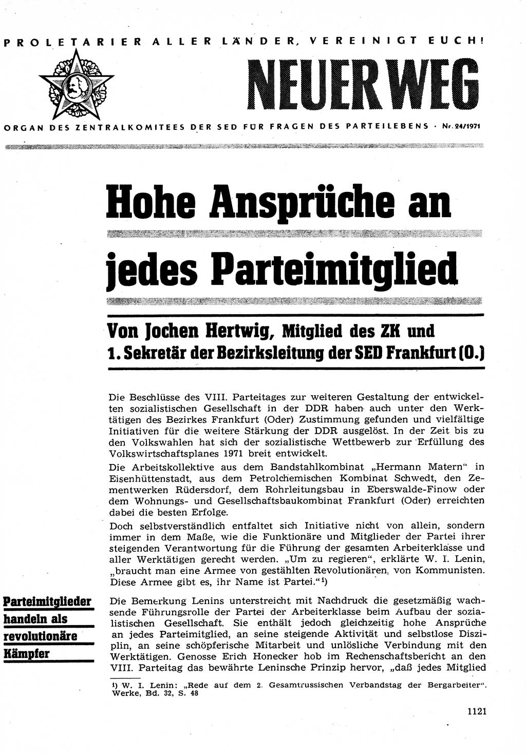 Neuer Weg (NW), Organ des Zentralkomitees (ZK) der SED (Sozialistische Einheitspartei Deutschlands) für Fragen des Parteilebens, 26. Jahrgang [Deutsche Demokratische Republik (DDR)] 1971, Seite 1121 (NW ZK SED DDR 1971, S. 1121)