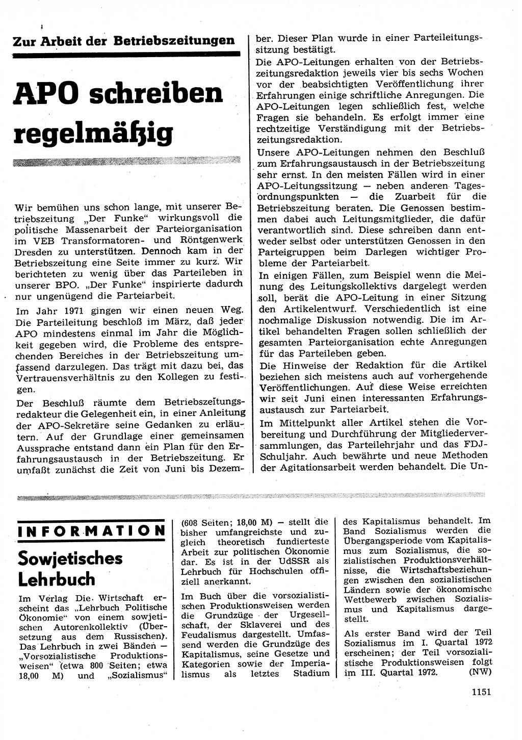 Neuer Weg (NW), Organ des Zentralkomitees (ZK) der SED (Sozialistische Einheitspartei Deutschlands) für Fragen des Parteilebens, 26. Jahrgang [Deutsche Demokratische Republik (DDR)] 1971, Seite 1151 (NW ZK SED DDR 1971, S. 1151)