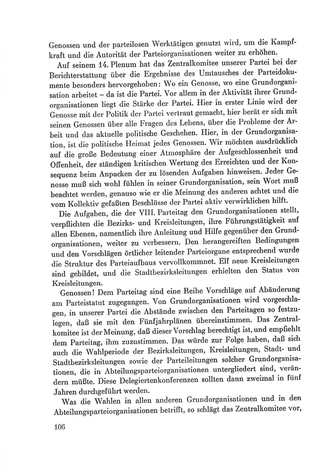 Protokoll der Verhandlungen des Ⅷ. Parteitages der Sozialistischen Einheitspartei Deutschlands (SED) [Deutsche Demokratische Republik (DDR)] 1971, Band 1, Seite 106 (Prot. Verh. Ⅷ. PT SED DDR 1971, Bd. 1, S. 106)