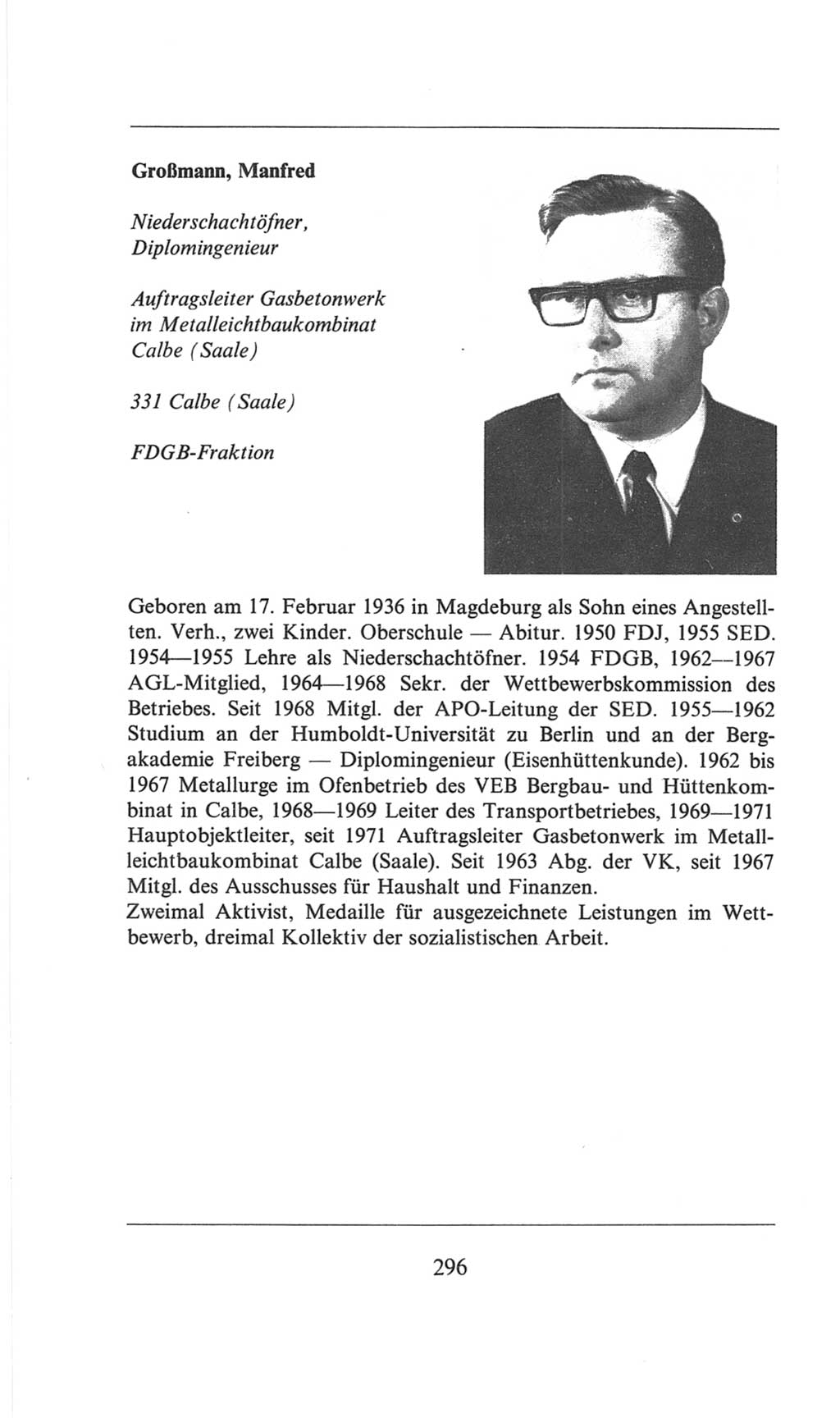 Volkskammer (VK) der Deutschen Demokratischen Republik (DDR), 6. Wahlperiode 1971-1976, Seite 296 (VK. DDR 6. WP. 1971-1976, S. 296)