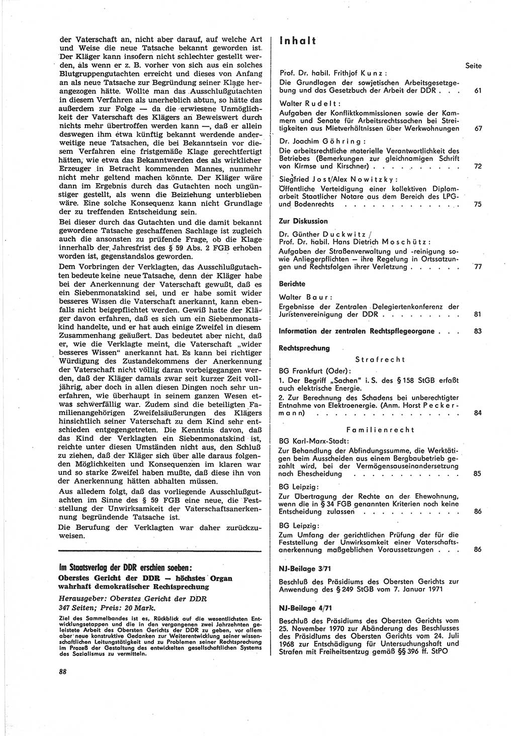 Neue Justiz (NJ), Zeitschrift für Recht und Rechtswissenschaft [Deutsche Demokratische Republik (DDR)], 25. Jahrgang 1971, Seite 88 (NJ DDR 1971, S. 88)