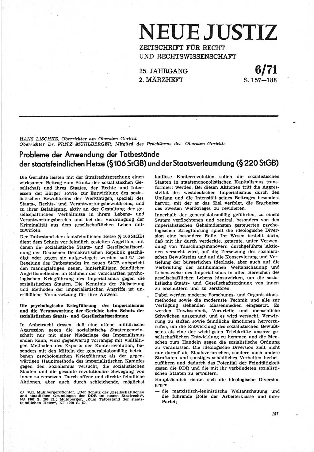 Neue Justiz (NJ), Zeitschrift für Recht und Rechtswissenschaft [Deutsche Demokratische Republik (DDR)], 25. Jahrgang 1971, Seite 157 (NJ DDR 1971, S. 157)