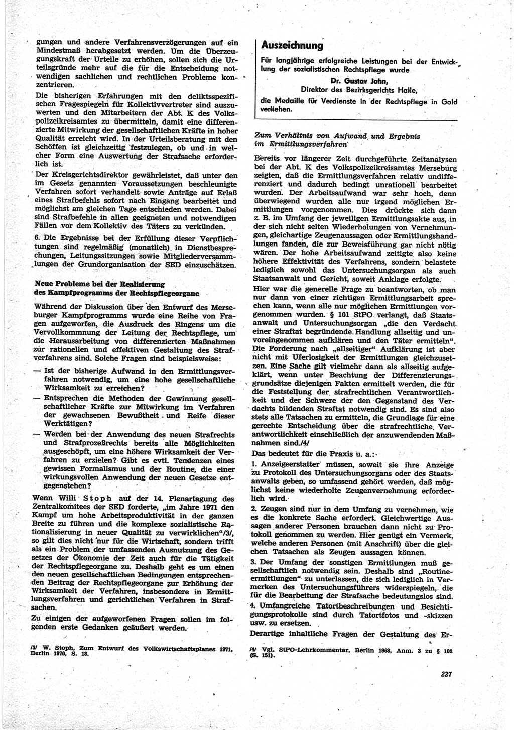Neue Justiz (NJ), Zeitschrift für Recht und Rechtswissenschaft [Deutsche Demokratische Republik (DDR)], 25. Jahrgang 1971, Seite 227 (NJ DDR 1971, S. 227)
