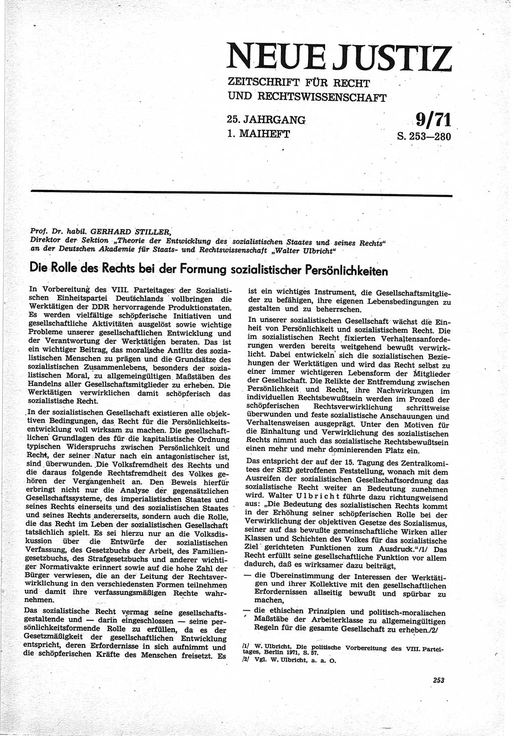 Neue Justiz (NJ), Zeitschrift für Recht und Rechtswissenschaft [Deutsche Demokratische Republik (DDR)], 25. Jahrgang 1971, Seite 253 (NJ DDR 1971, S. 253)