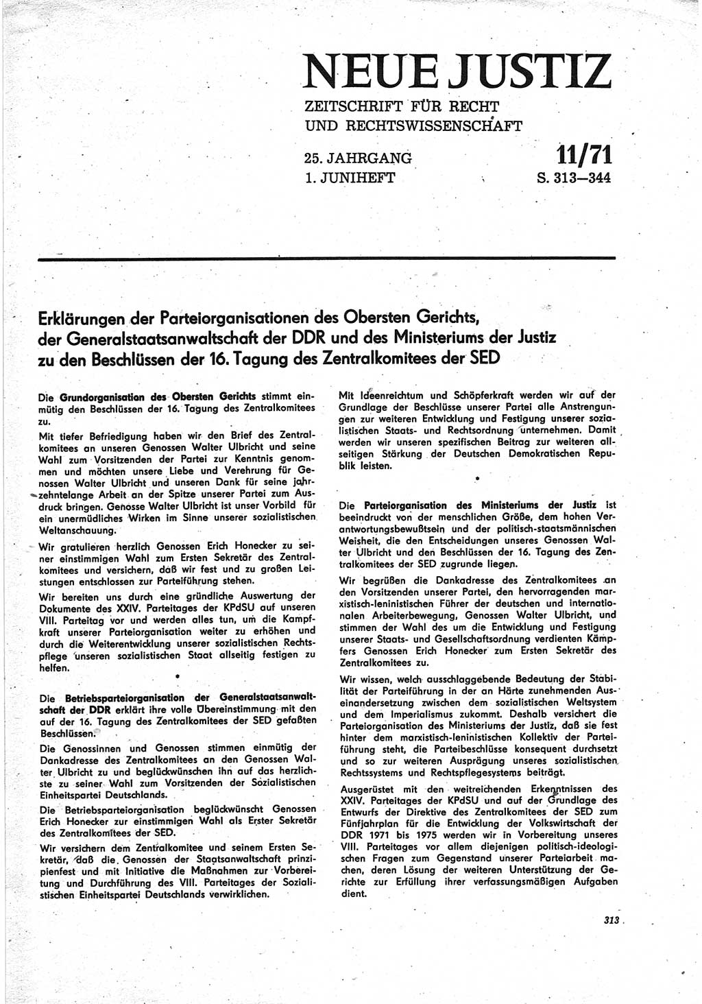 Neue Justiz (NJ), Zeitschrift für Recht und Rechtswissenschaft [Deutsche Demokratische Republik (DDR)], 25. Jahrgang 1971, Seite 313 (NJ DDR 1971, S. 313)