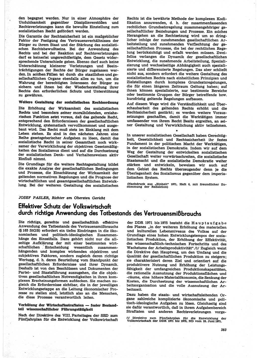Neue Justiz (NJ), Zeitschrift für Recht und Rechtswissenschaft [Deutsche Demokratische Republik (DDR)], 25. Jahrgang 1971, Seite 383 (NJ DDR 1971, S. 383)