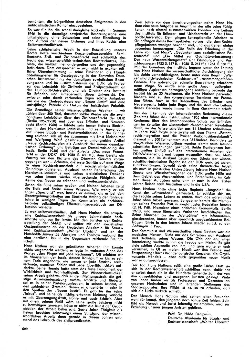 Neue Justiz (NJ), Zeitschrift für Recht und Rechtswissenschaft [Deutsche Demokratische Republik (DDR)], 25. Jahrgang 1971, Seite 600 (NJ DDR 1971, S. 600)