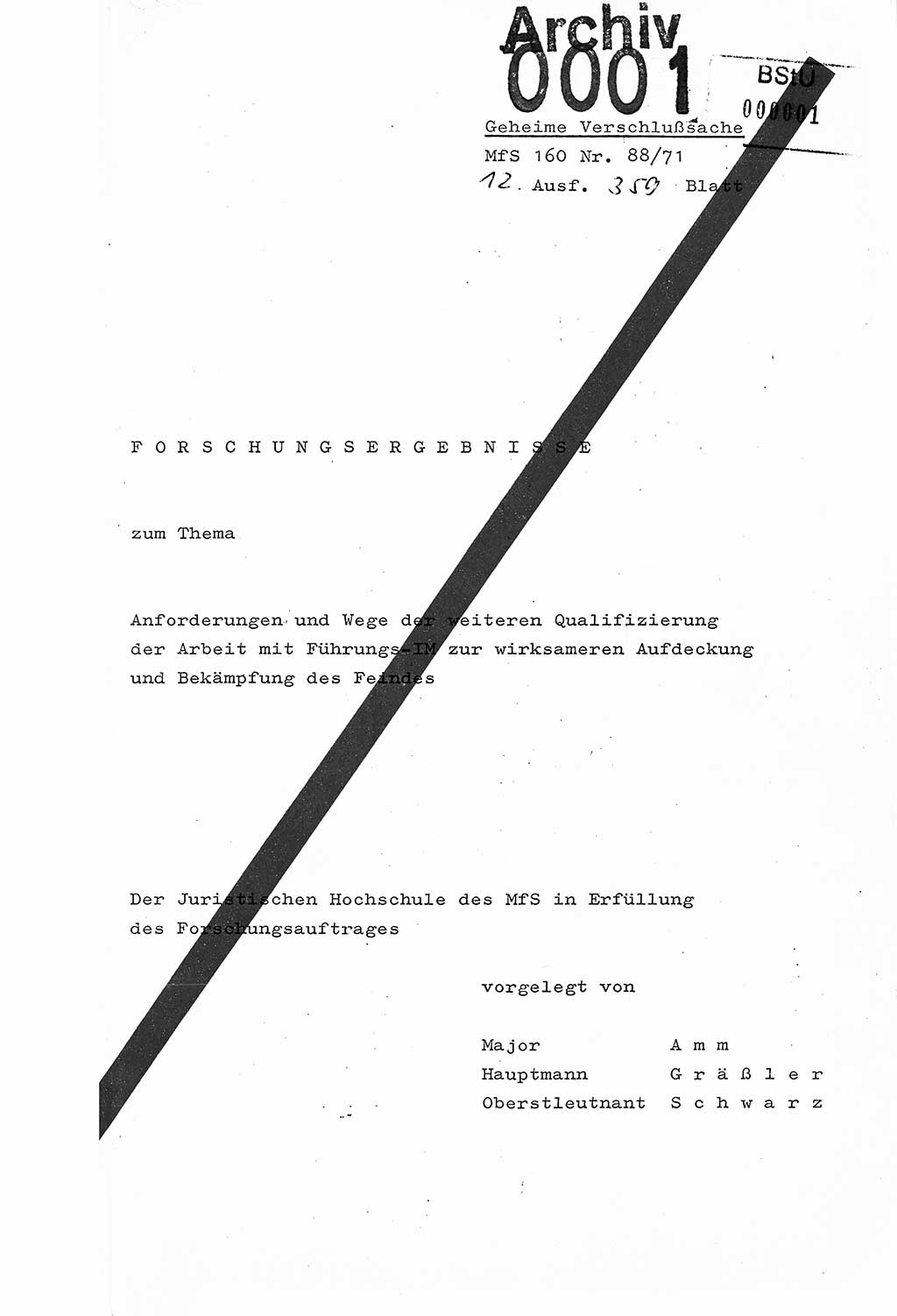 Dissertation Oberstleutnant Josef Schwarz (BV Schwerin), Major Fritz Amm (JHS), Hauptmann Peter Gräßler (JHS), Ministerium für Staatssicherheit (MfS) [Deutsche Demokratische Republik (DDR)], Juristische Hochschule (JHS), Geheime Verschlußsache (GVS) 160-88/71, Potsdam 1972, Seite 1 (Diss. MfS DDR JHS GVS 160-88/71 1972, S. 1)