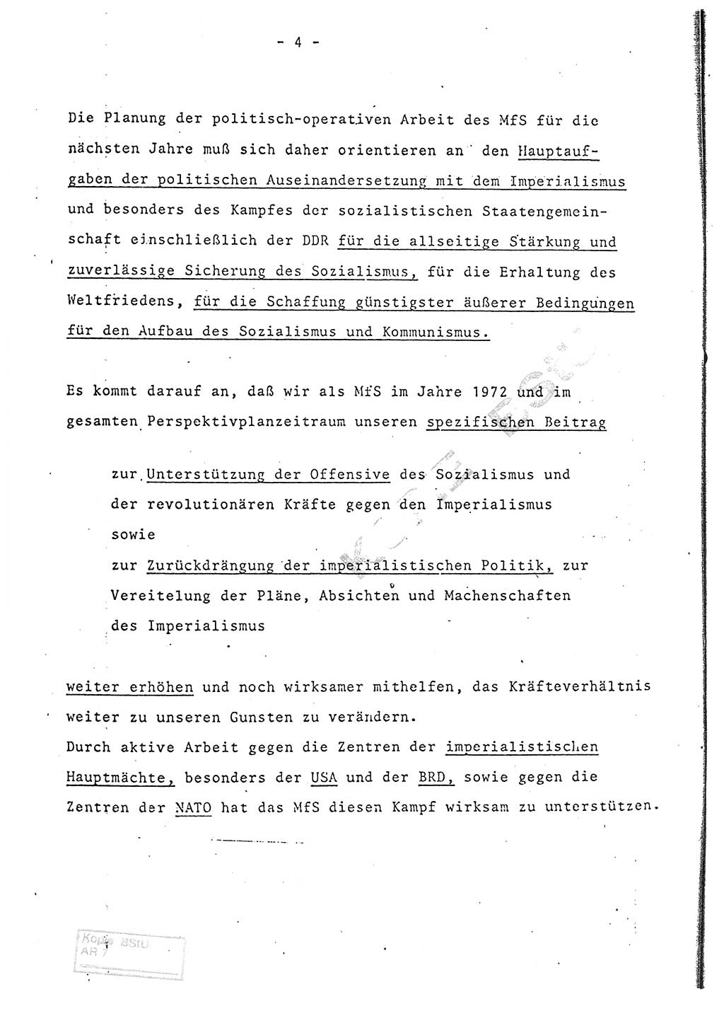 Referat (Entwurf) des Genossen Minister (Generaloberst Erich Mielke) auf der Dienstkonferenz 1972, Ministerium für Staatssicherheit (MfS) [Deutsche Demokratische Republik (DDR)], Der Minister, Geheime Verschlußsache (GVS) 008-150/72, Berlin 25.2.1972, Seite 4 (Ref. Entw. DK MfS DDR Min. GVS 008-150/72 1972, S. 4)