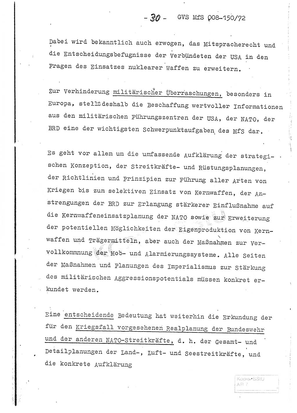 Referat (Entwurf) des Genossen Minister (Generaloberst Erich Mielke) auf der Dienstkonferenz 1972, Ministerium für Staatssicherheit (MfS) [Deutsche Demokratische Republik (DDR)], Der Minister, Geheime Verschlußsache (GVS) 008-150/72, Berlin 25.2.1972, Seite 30 (Ref. Entw. DK MfS DDR Min. GVS 008-150/72 1972, S. 30)