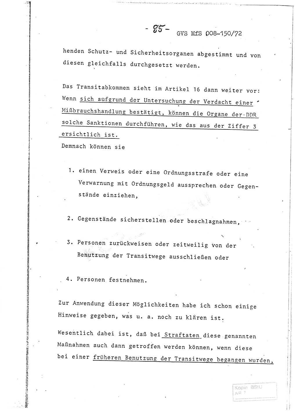 Referat (Entwurf) des Genossen Minister (Generaloberst Erich Mielke) auf der Dienstkonferenz 1972, Ministerium für Staatssicherheit (MfS) [Deutsche Demokratische Republik (DDR)], Der Minister, Geheime Verschlußsache (GVS) 008-150/72, Berlin 25.2.1972, Seite 85 (Ref. Entw. DK MfS DDR Min. GVS 008-150/72 1972, S. 85)